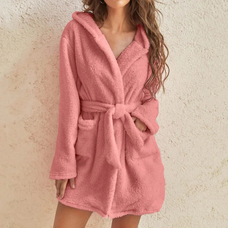 Rosalie | Warme Damesbadjas Winter | Pluizige Pluche Loungewear met Capuchon